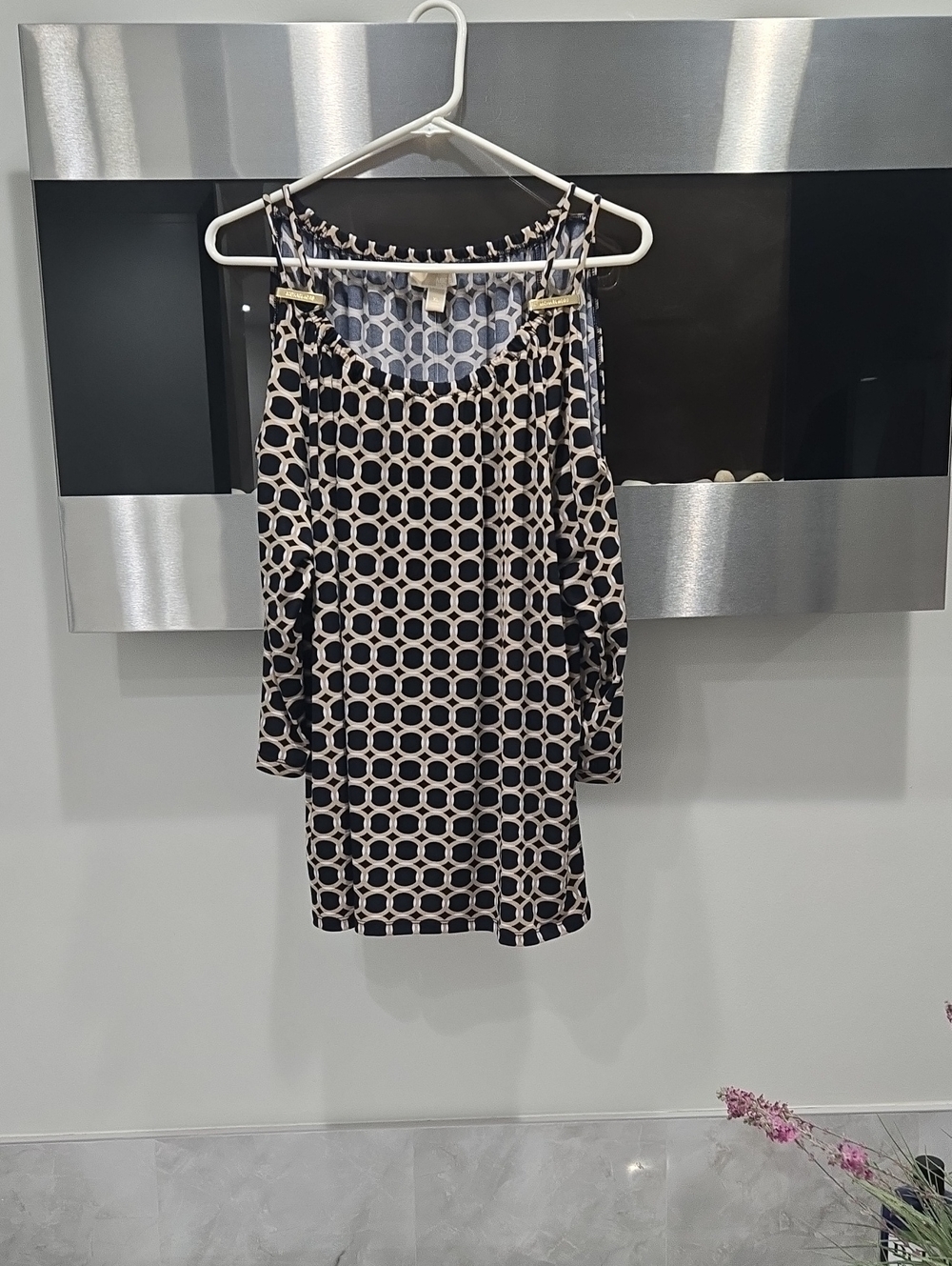 Michael Kors Cold-Shoulder Geometric Print Top in Black and Cream